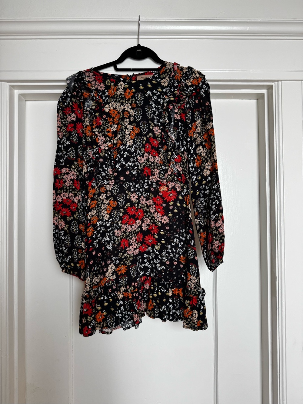 Anthropologie Black Floral Mini Dress with Red and Orange Flowers 2/4